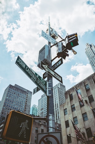 Street signs and traffic lights mounted on a pole at an intersection in an urban environment. Skyscrapers and buildings surround the area, with a partly cloudy sky above. One of the traffic lights is illuminated. Various street signs indicate one-way streets and a pedestrian crossing.