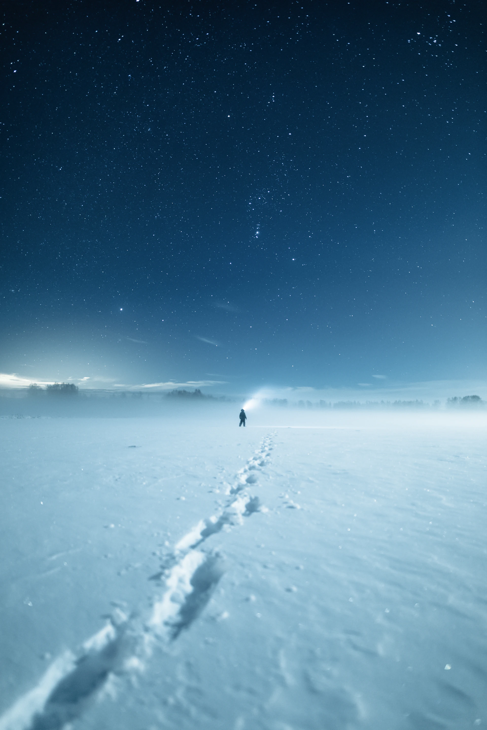 A person in a dark winter jacket walking across snow under a foggy, starry night sky