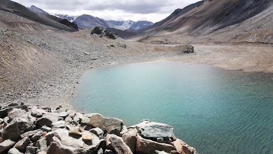 gray rocky shore near green lake and brown mountains during daytime in Ladakh India