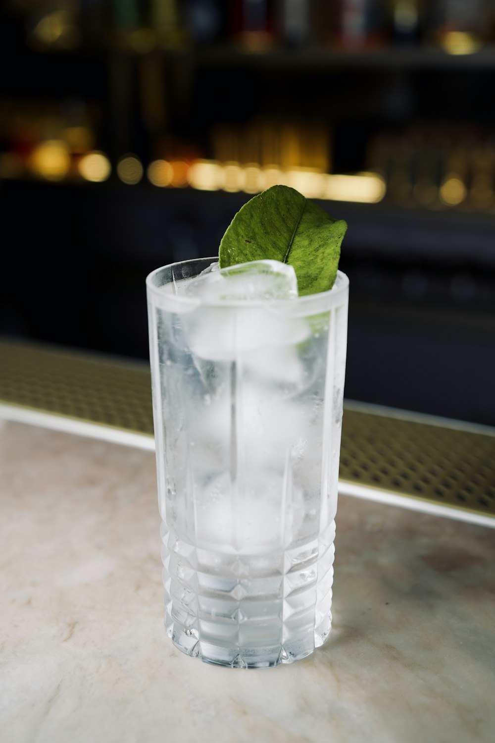 clear drinking glass with ice cubes and green leaf