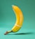 A banana is positioned upright on a textured green background. It is wrapped with a condom over its tip and a rubber band around its midsection.