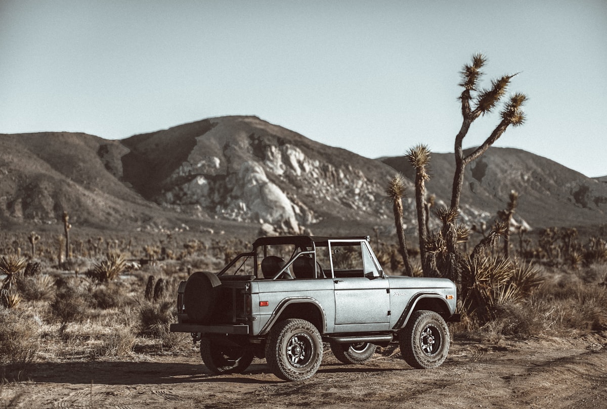 A 4x4 vehicle driving through the desert landscape of Arikok National Park