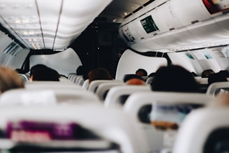 A view from inside a commercial airplane focusing on the cabin interior and passengers. Rows of seats are visible with overhead luggage compartments above. The lighting is artificial, creating a soft and comfortable atmosphere. Heads of passengers are visible, highlighting a sense of busyness and travel.