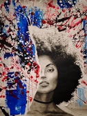A mixed media portrait features a woman's face in black and white on a torn paper effect, integrated with a vibrant abstract background of blue, red, and black splashes reminiscent of abstract expressionism.