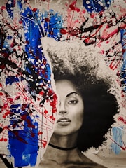 A colorful mixed-media portrait with expressive features.