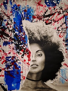 A mixed media portrait features a woman's face in black and white on a torn paper effect, integrated with a vibrant abstract background of blue, red, and black splashes reminiscent of abstract expressionism.