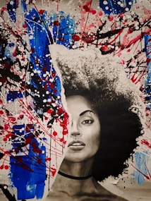 A mixed media portrait features a woman's face in black and white on a torn paper effect, integrated with a vibrant abstract background of blue, red, and black splashes reminiscent of abstract expressionism.