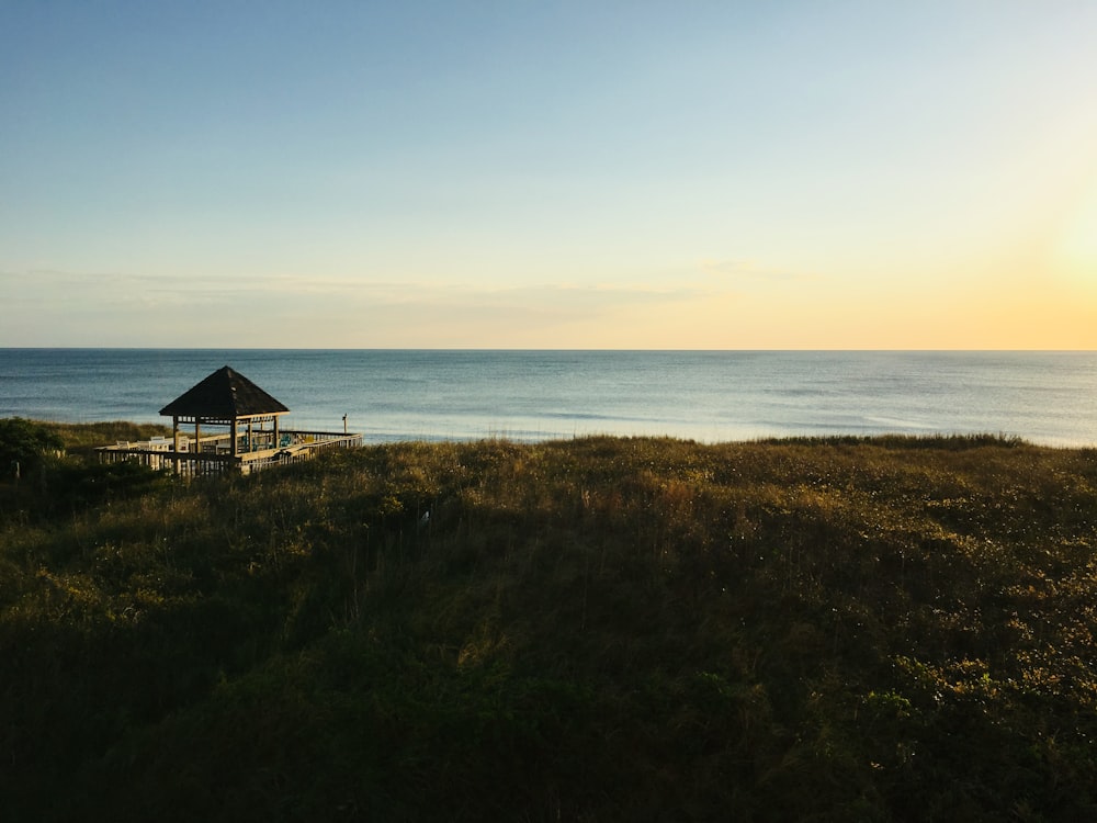 white and brown wooden house on brown grass field near body of water during sunset