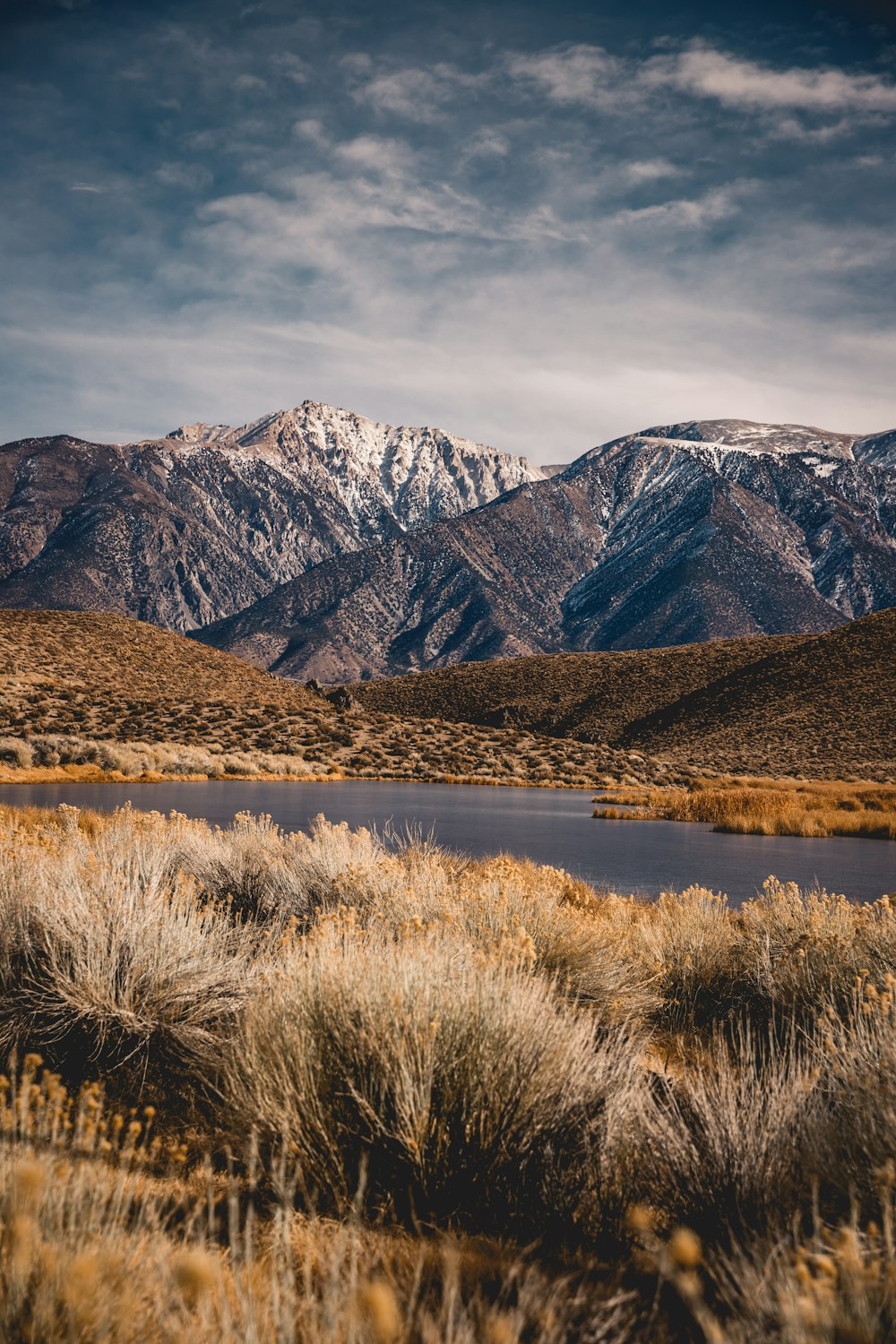 brown grass field near lake and snow covered mountains during daytime