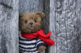Close-up of a soft, smiling teddy bear wearing a knitted scarf.