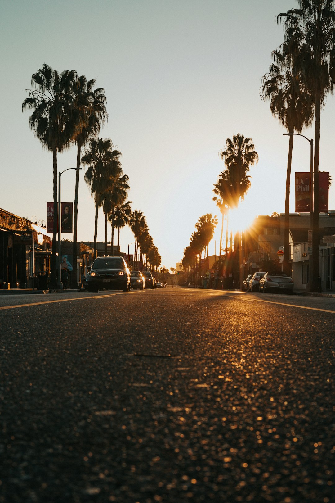 cars parked on side of the road during sunset