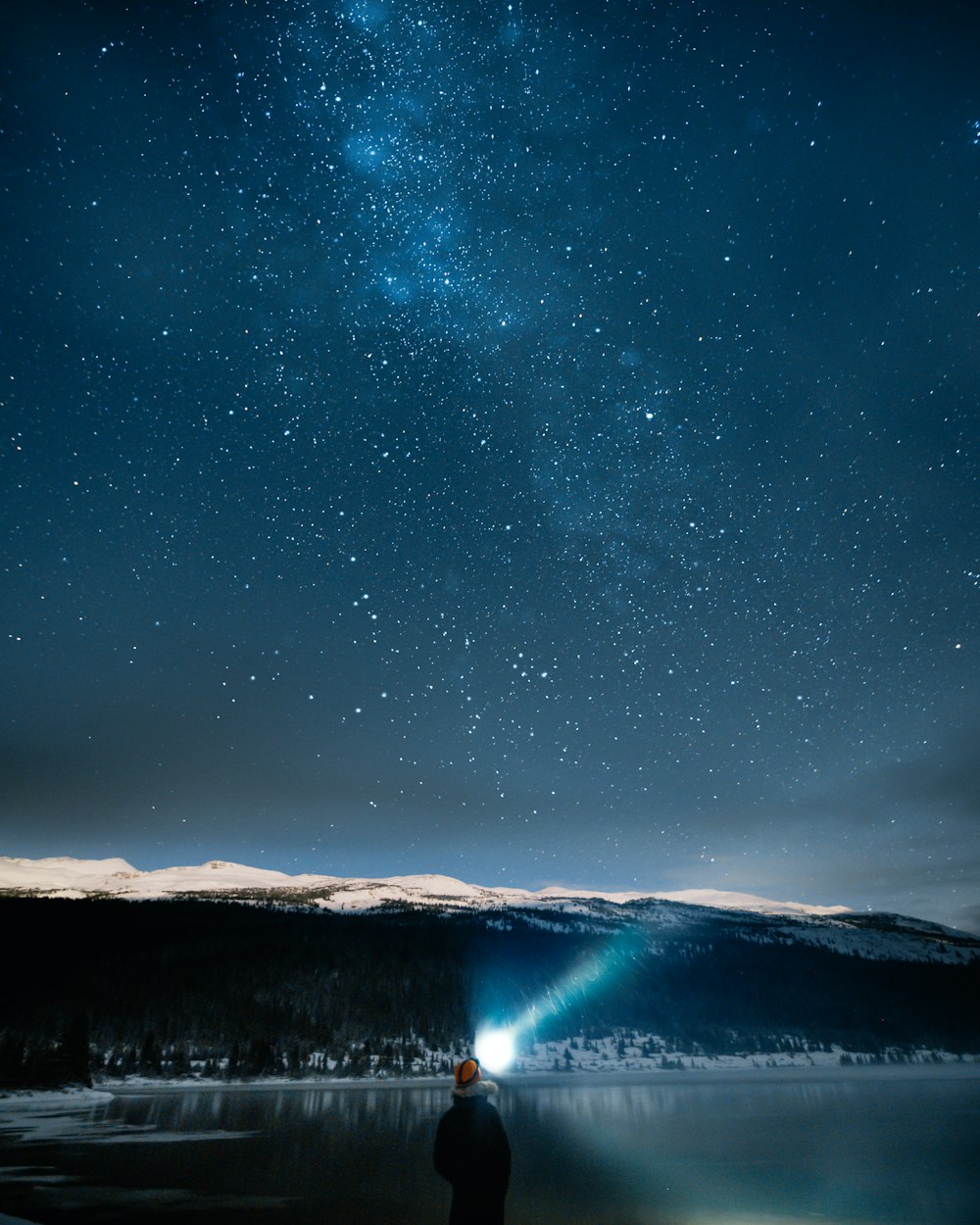 silhouette of mountain under starry night