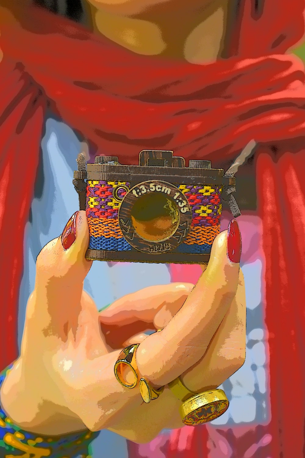 a painting of a woman holding a camera