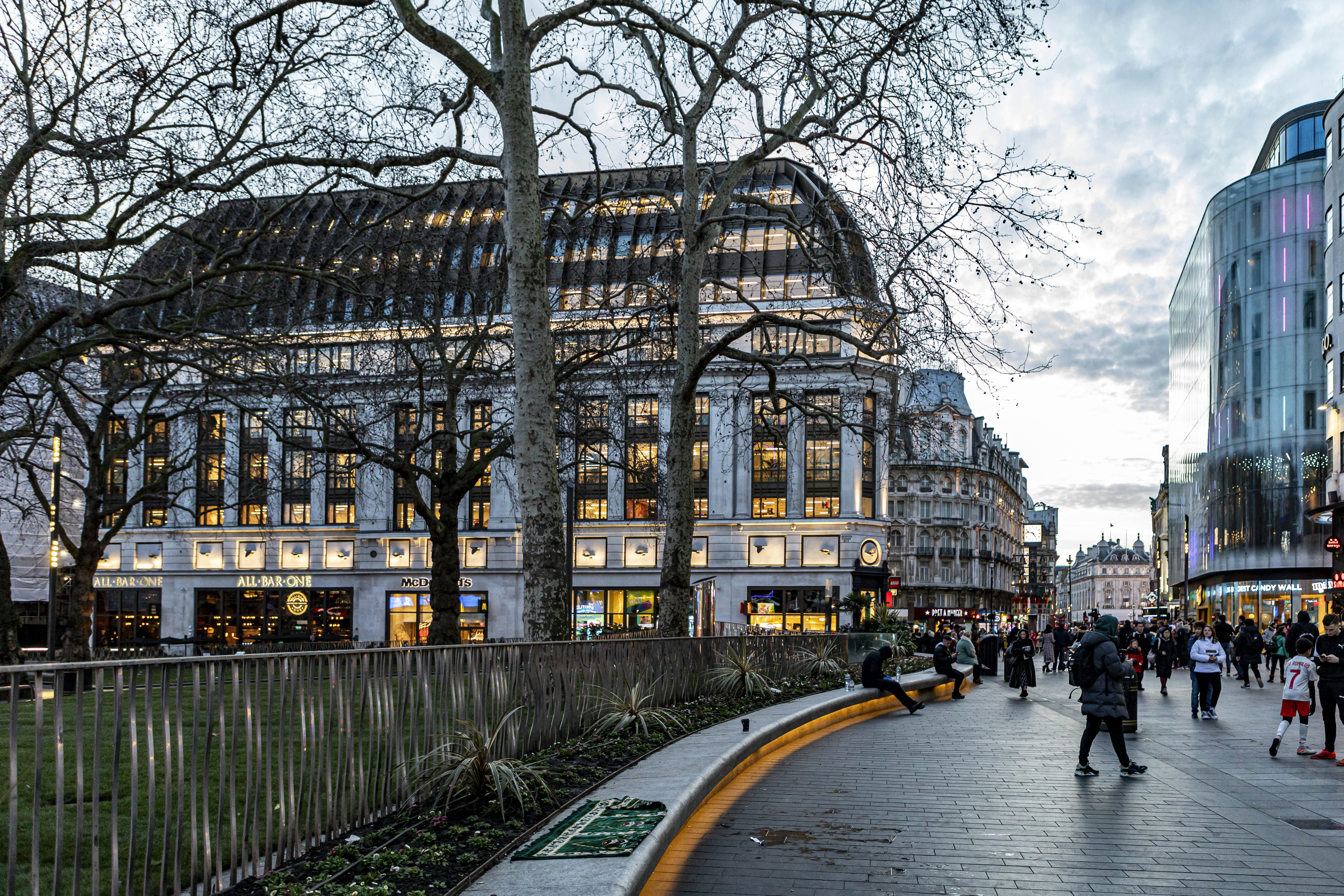 London, Leicester Square, UK - Views from the square, people, buildings, architecture.