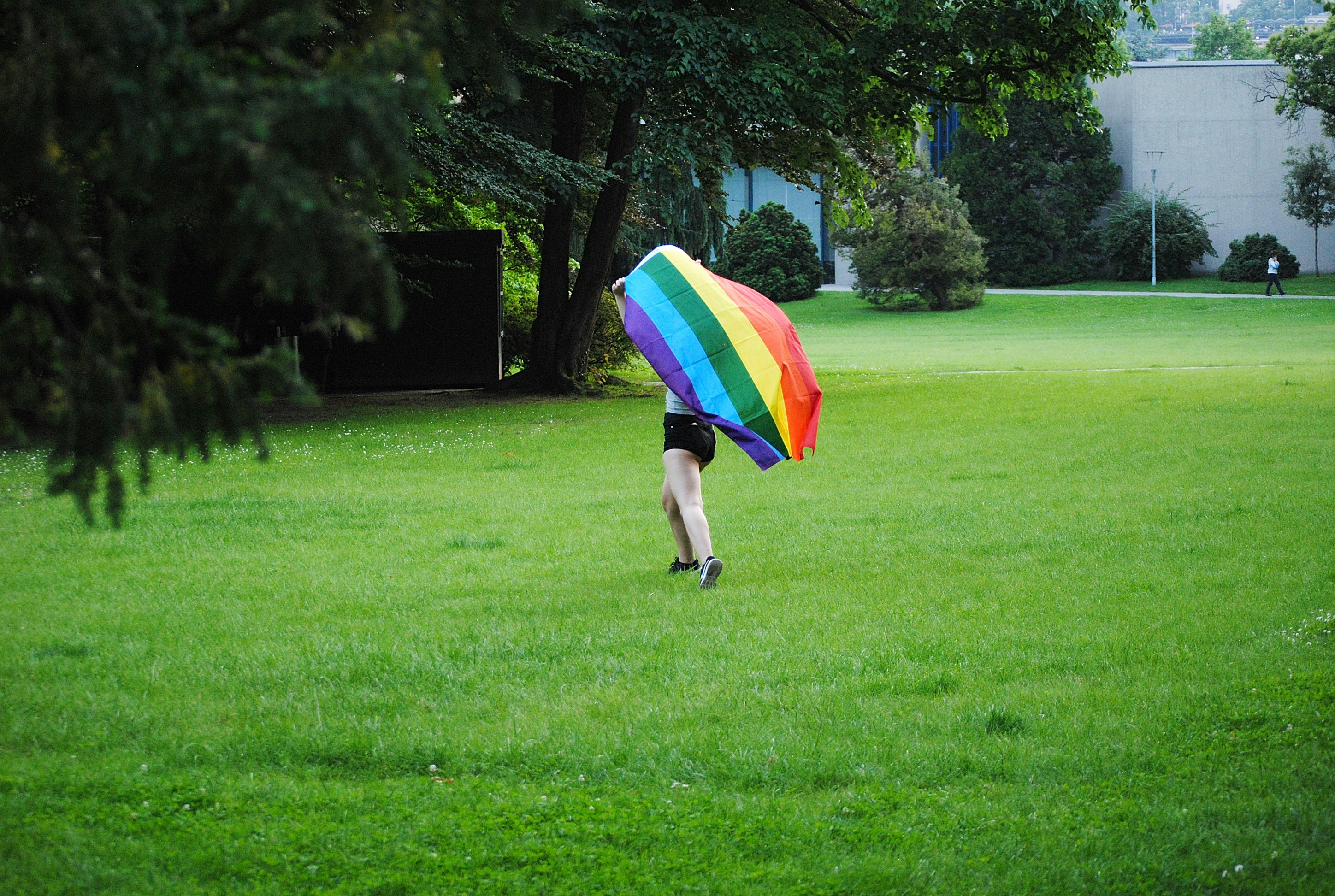 person holding multi colored umbrella walking on green grass field during daytime