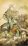 man in green suit holding a rifle illustration