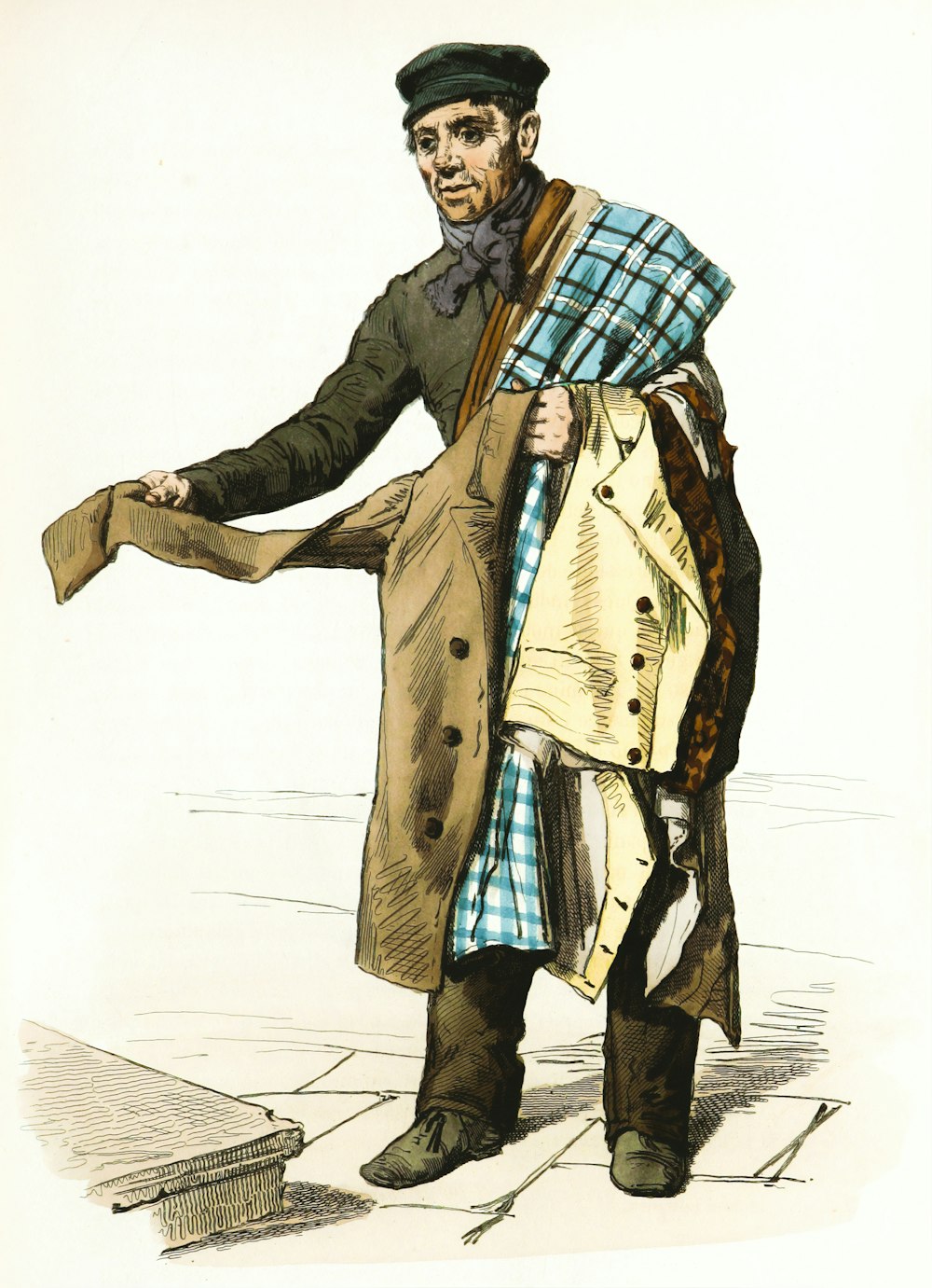 man in brown coat and blue and white plaid scarf