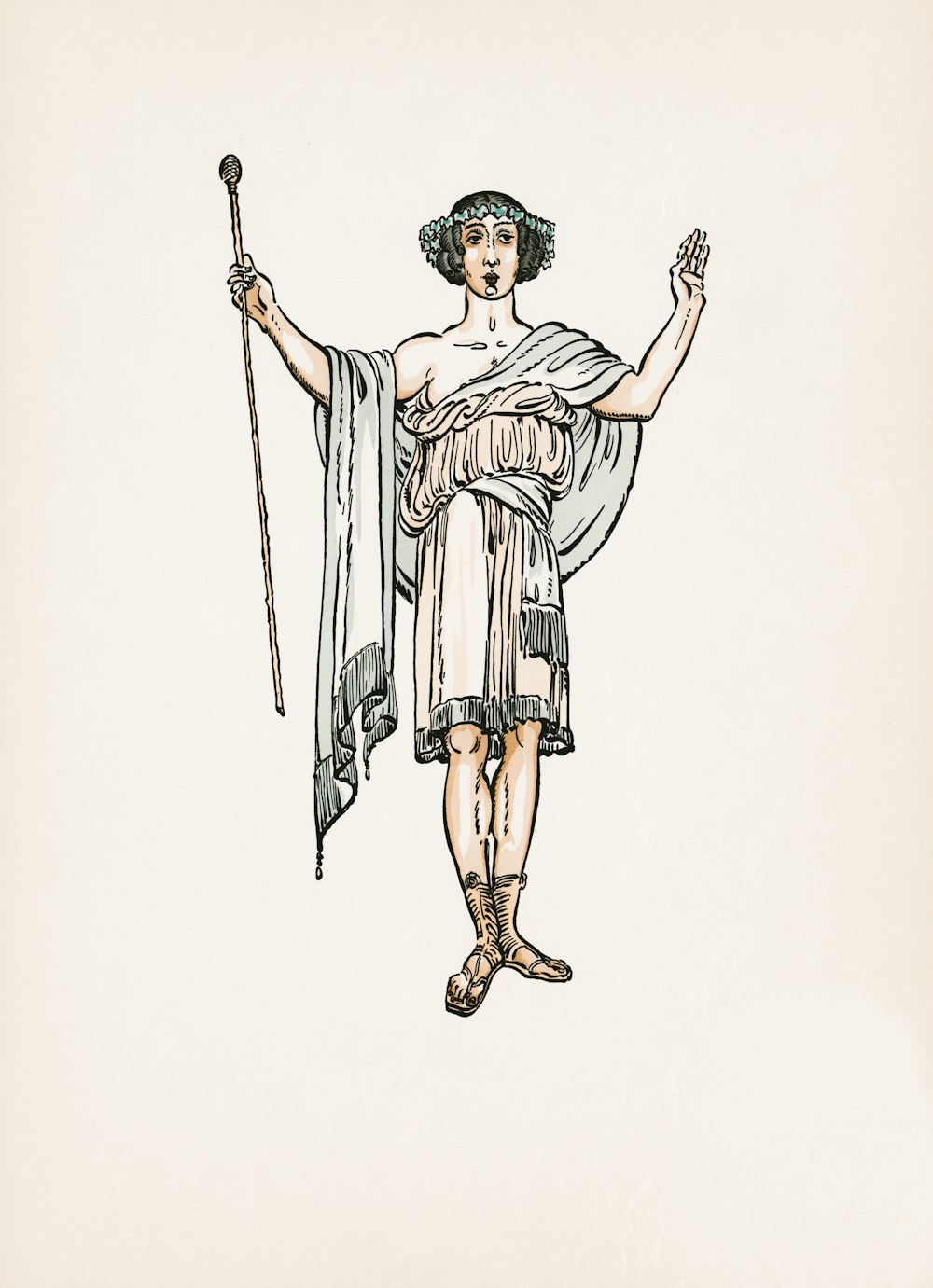 woman in white dress holding stick illustration