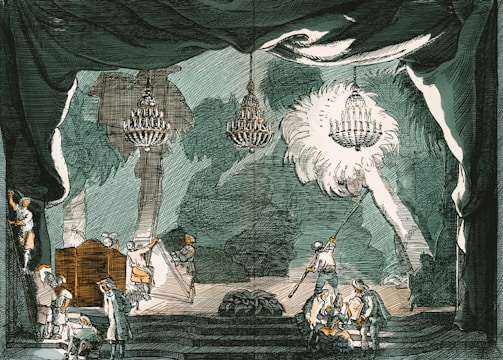 A scene set on a stage with chandeliers hanging from the ceiling and a group of people actively engaged in various tasks. The setting appears to be an indoor room with elaborate decor, including large drapes and painted trees or plants in the background. Individuals are seen climbing ladders, managing lighting effects, and interacting with one another, possibly preparing for or during a theatrical performance.