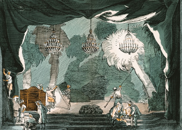 A scene set on a stage with chandeliers hanging from the ceiling and a group of people actively engaged in various tasks. The setting appears to be an indoor room with elaborate decor, including large drapes and painted trees or plants in the background. Individuals are seen climbing ladders, managing lighting effects, and interacting with one another, possibly preparing for or during a theatrical performance.