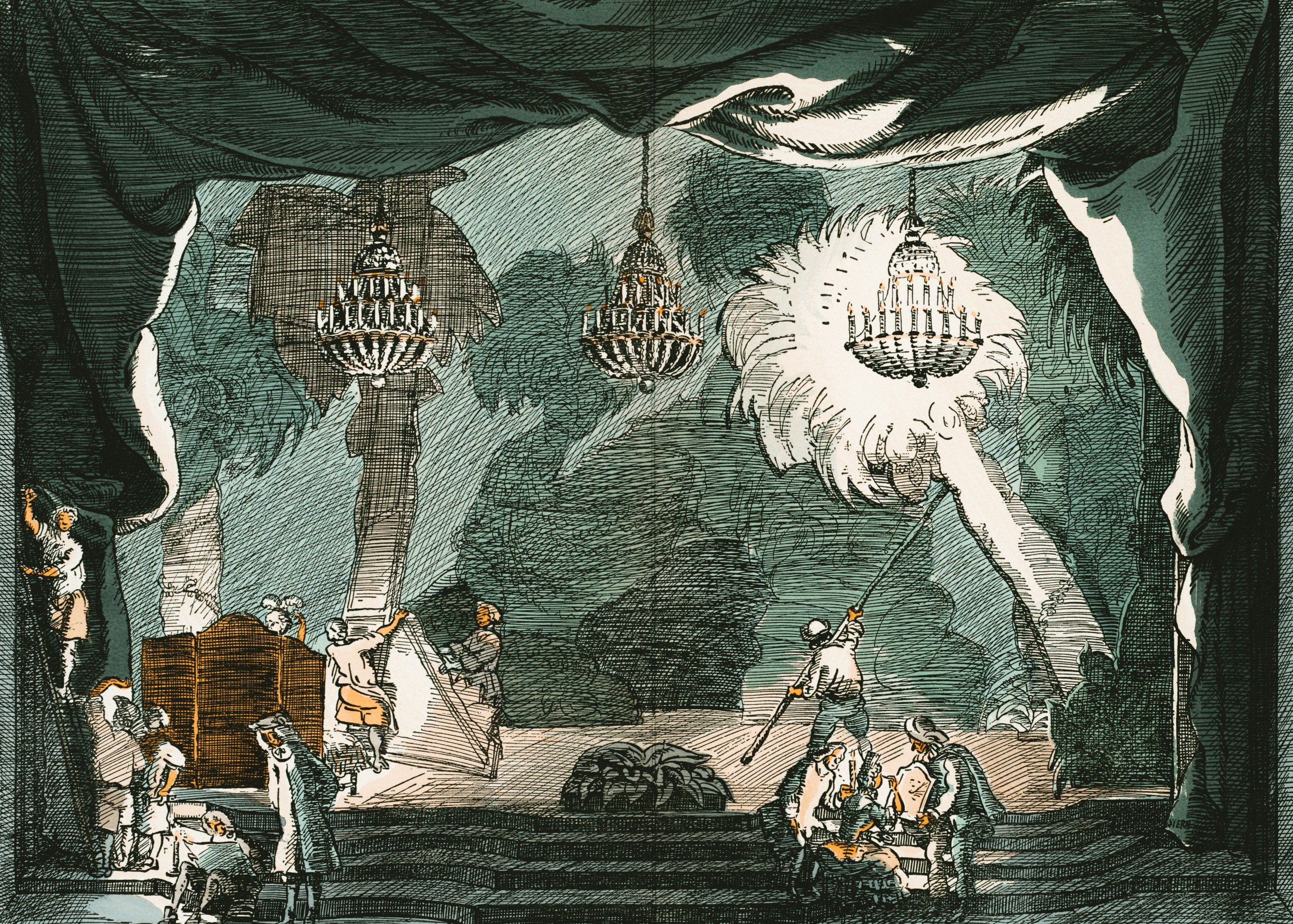 Colored print of a set for the original (1912) production of Richard Strauss's Ariadne auf Naxos. 1912 https://ark.digitalcommonwealth.org/ark:/50959/vx0227080 Please visit Digital Commonwealth to view more images: https://www.digitalcommonwealth.org.