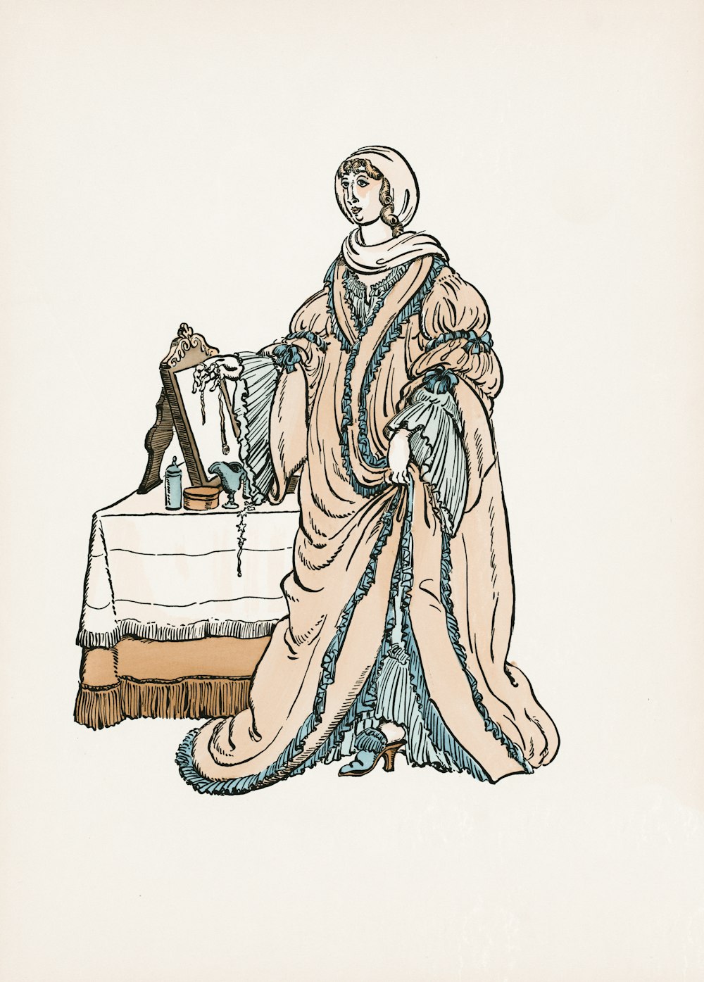 woman in white and brown dress illustration
