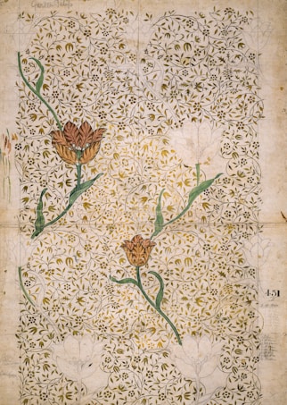 An intricate botanical design featuring floral patterns in muted colors. The artwork includes two prominent brownish-red tulips with green stems and leaves set against a backdrop of delicate vine and leaf motifs. The background consists of an elaborate network of small leaves and flowers, creating a tapestry-like effect.