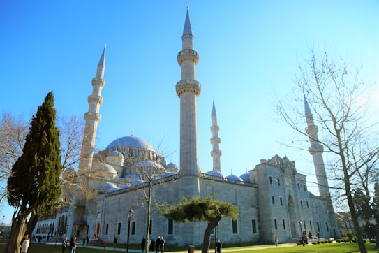 A large mosque with multiple tall minarets and a prominent central dome. The building is surrounded by leafless trees and a few evergreen trees in a well-maintained garden setting. Several people are walking and gathering near the structure under a clear blue sky.
