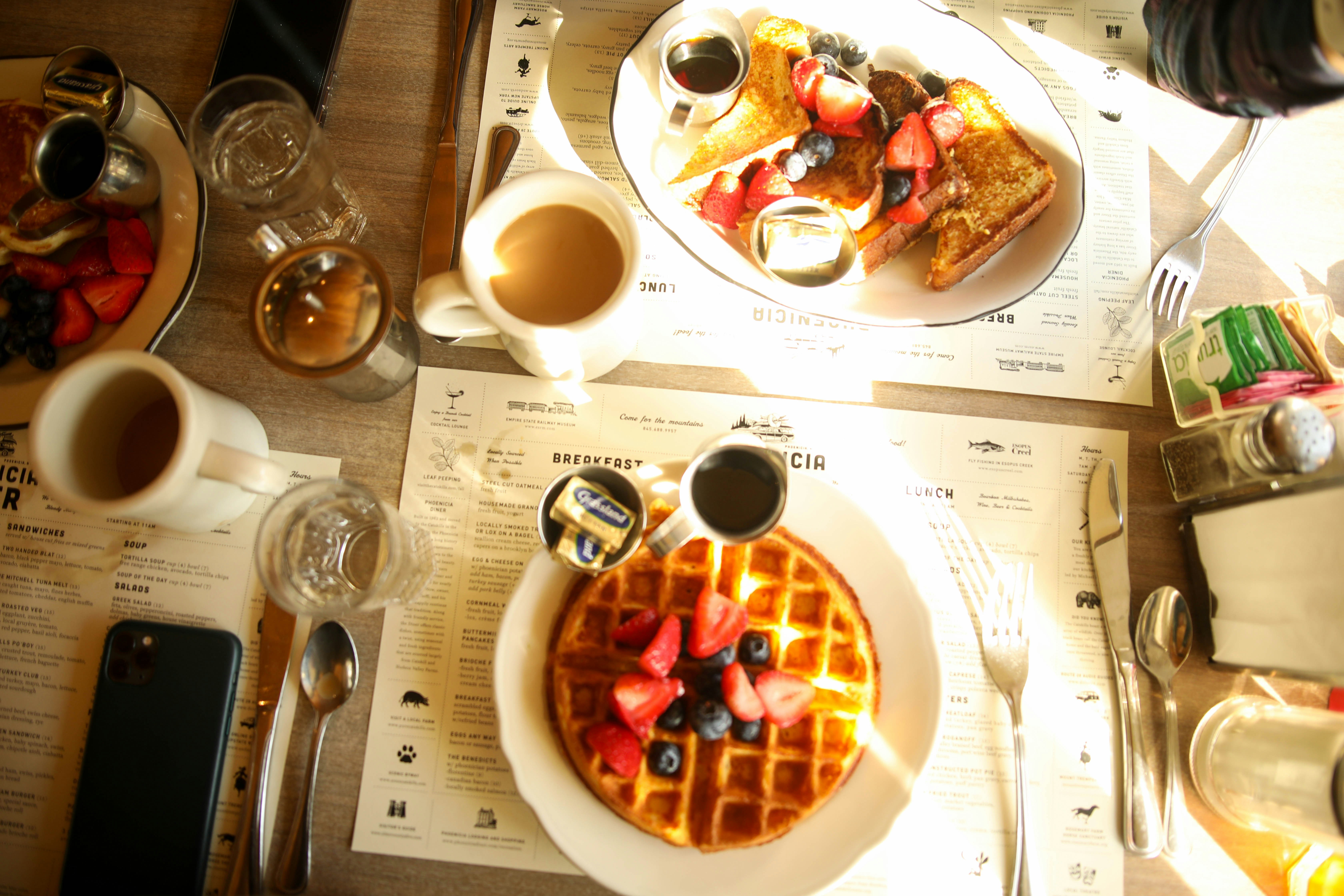 Overhead brunch table with waffle and coffee