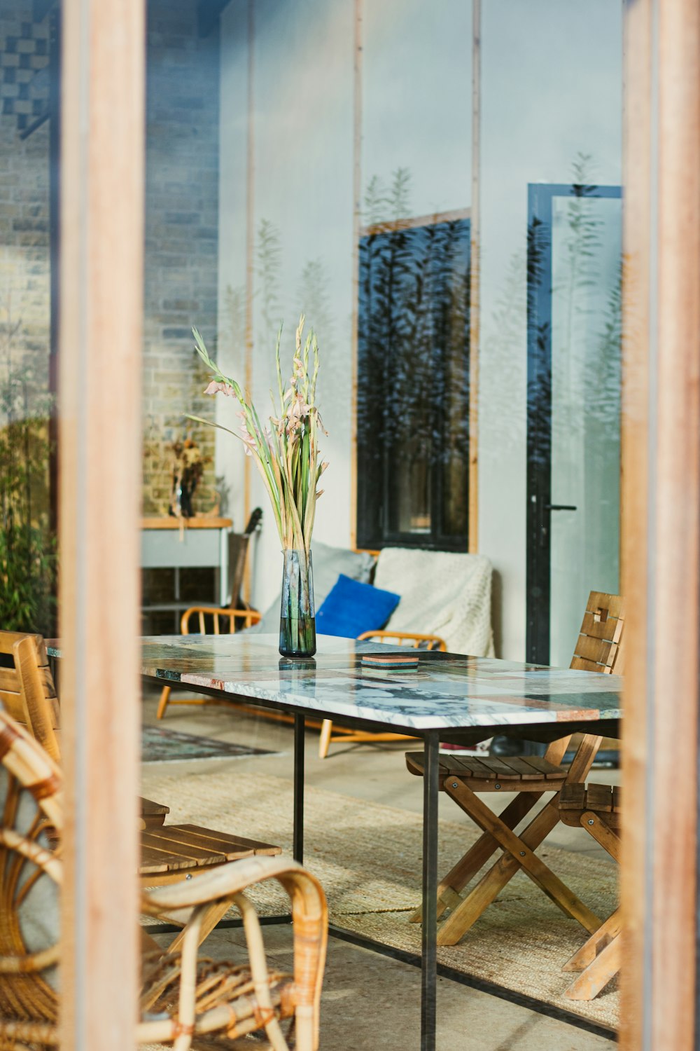 blue table cloth on table