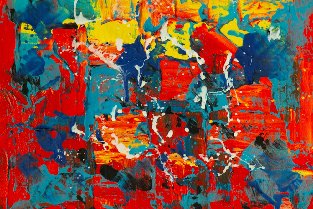 pintura abstrata vermelha azul e amarela