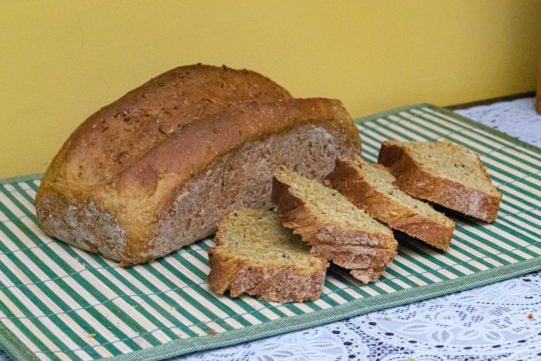 brown bread on green and white checkered textile