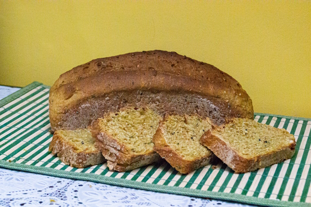 brown bread on green and white checkered textile