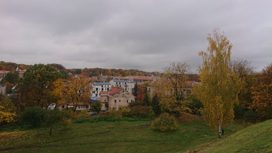 brown and white concrete house near green grass field under white clouds during daytime in Vilnius Lithuania