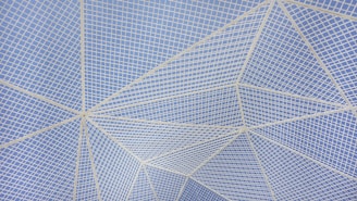 A geometric pattern of intersecting white lines forms a series of polygons on a blue background, creating a complex and visually intriguing structure.