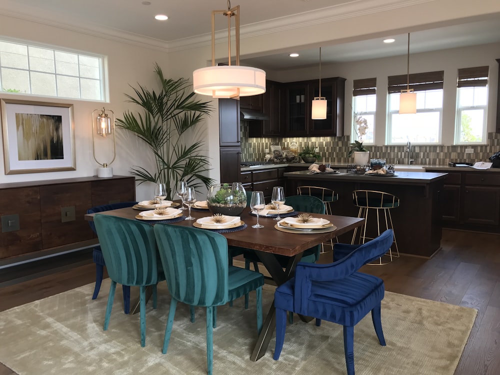 blue and brown wooden table and chairs