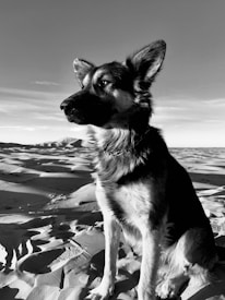 A German Shepherd dog sits on a sandy terrain, with its ears perked up and gaze fixed towards the horizon. The background features undulating sand dunes under a vast sky, creating a tranquil desert landscape. The black and white color scheme adds a classic and timeless feel to the scene.