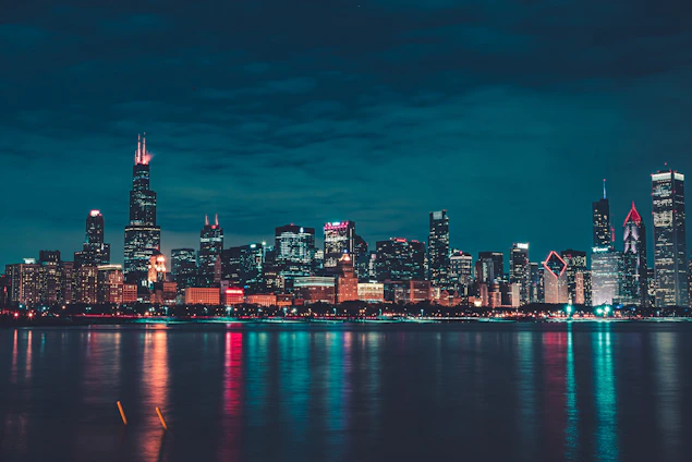 city skyline during night time