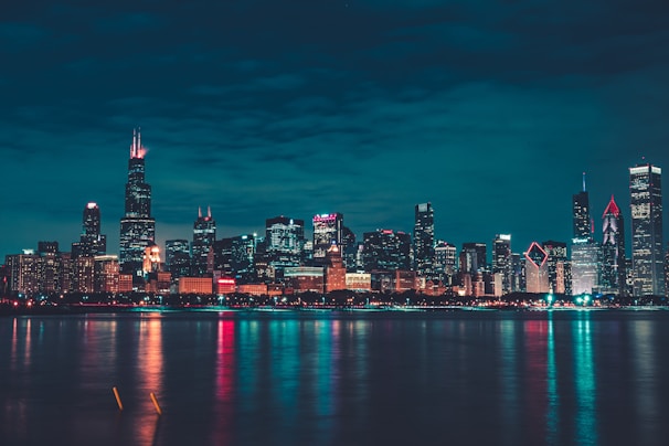 city skyline during night time