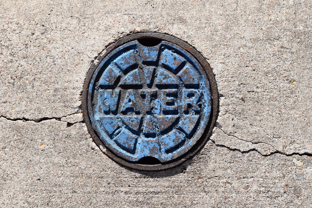 a manhole cover on a sidewalk with the word repair painted on it, Water shutoff valve cover. Blue paint is starting to flake off.
