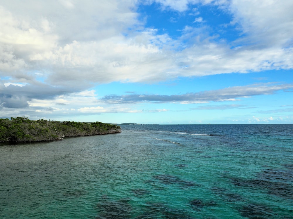 昼間の青空と白い雲の下に緑と茶色の島