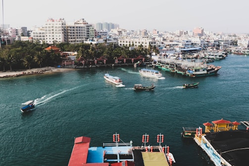 A busy harbor scene with several boats navigating the water. Buildings densely line the shoreline, with a mix of high-rise and smaller structures. The harbor is bustling with activity and the water is a clear blue-green color. Palm trees can be seen lining one side of the shore, giving the scene a touch of tropical ambiance.