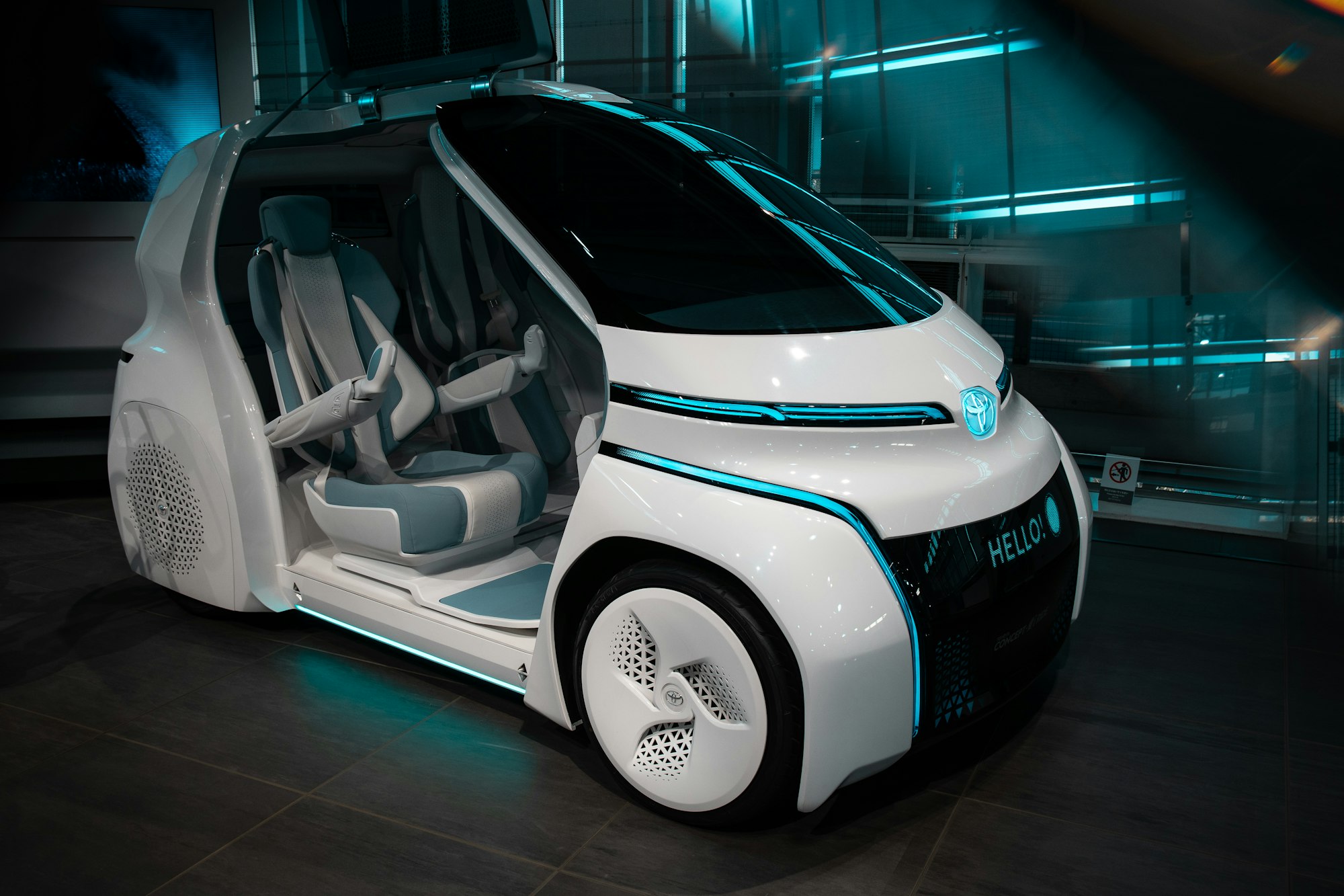 Toyota displays its new car concept at an exhibition about future mobility, electric and fuell cell cars