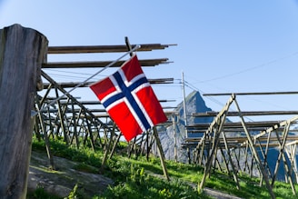 A Norwegian flag is prominently displayed amidst a traditional fish drying rack set against a backdrop of mountains. The structure, made of wooden poles, appears on a lush green hillside with a clear blue sky.
