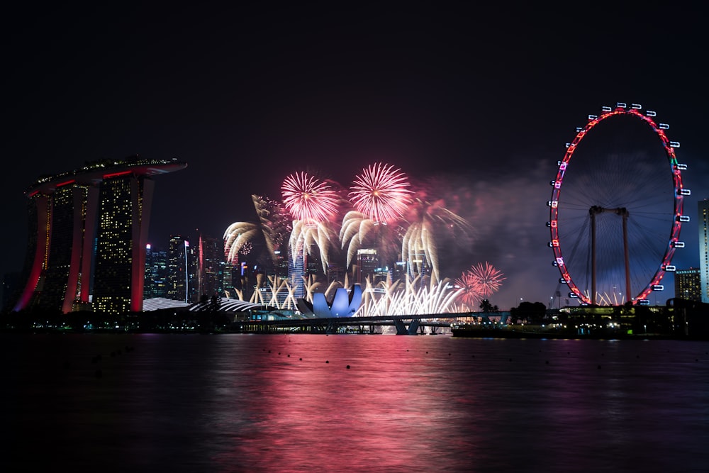 red and white ferris wheel during night time