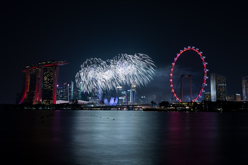 white ferris wheel near body of water during night time