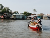 A small boat navigates through calm waters, loaded with various fruits and vegetables. Two people are seated in the boat, suggesting a market or trading activity. In the background, there are several houses on stilts lined along the riverbank, surrounded by greenery.