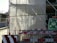 A construction site is partially covered with a translucent tarp, revealing scaffolding behind it. A metal fence with red and white caution tape runs across the foreground. A green safety sign with arrows pointing inward features white silhouettes of people and Dutch text 'VERZAMELPLAATS,' indicating an assembly point.