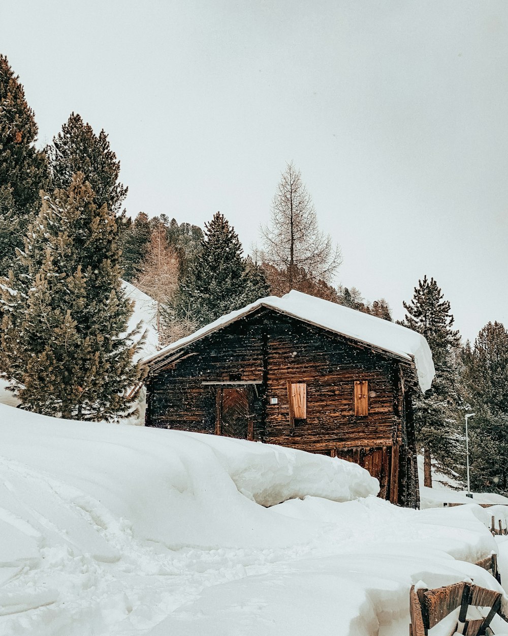 brown wooden house on snow covered ground near green trees during daytime