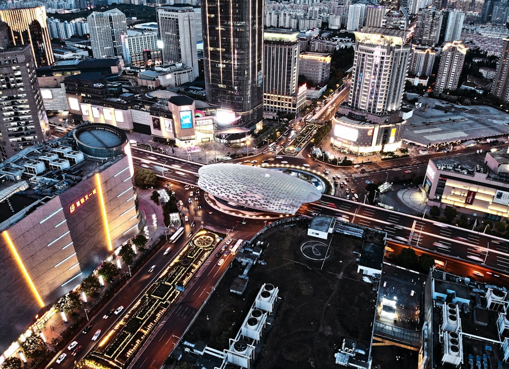 aerial view of city buildings during night time